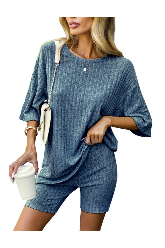 Womens Pajamas 2 Piece Lounge Sets for Women Ribbed Knit Matching Outfits Loose T-Shirt and Bodycon Biker Shorts Sleepwear Sweatsuits S-XL, Blue, XL