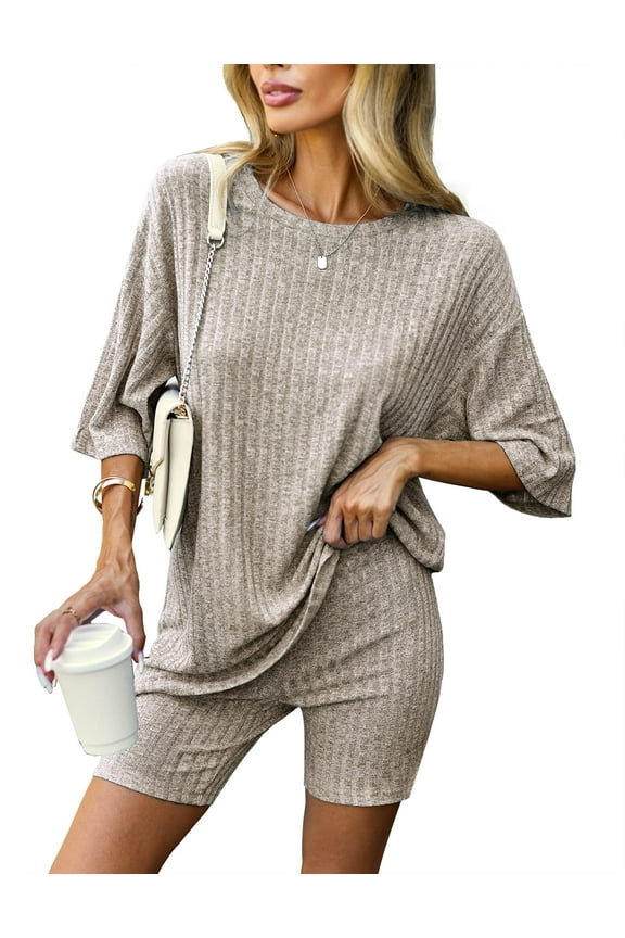 Womens Pajamas 2 Piece Lounge Sets for Women Ribbed Knit Matching Outfits Loose T-Shirt and Bodycon Biker Shorts Sleepwear Sweatsuits S-XL, Camel, L
