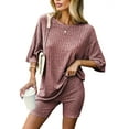 thumbnail image 1 of DAKIMOE Womens Pajamas 2 Piece Lounge Sets for Women Ribbed Knit Matching Outfits Loose T-Shirt and Bodycon Biker Shorts Sleepwear Sweatsuits S-XL, Wine Red, M, 1 of 10