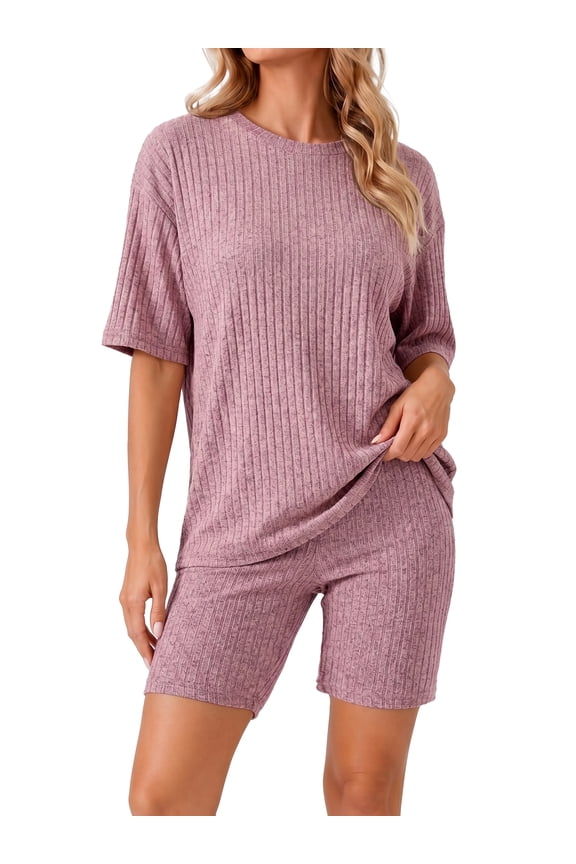 Womens Pajamas 2 Piece Lounge Sets for Women Ribbed Knit Matching Outfits Loose T-Shirt and Bodycon Biker Shorts Sleepwear Sweatsuits S-XL, Wine Red, M