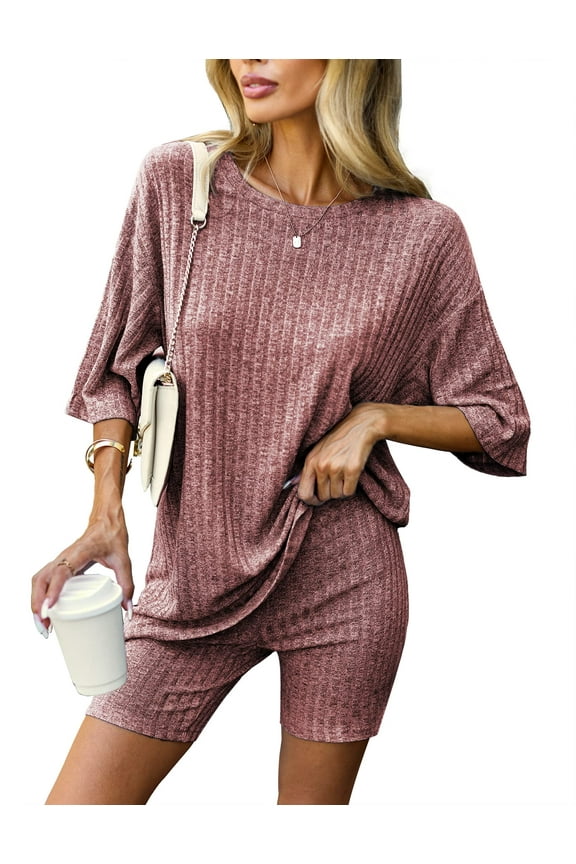 Womens Pajamas 2 Piece Lounge Sets for Women Ribbed Knit Matching Outfits Loose T-Shirt and Bodycon Biker Shorts Sleepwear Sweatsuits S-XL, Wine Red, XL