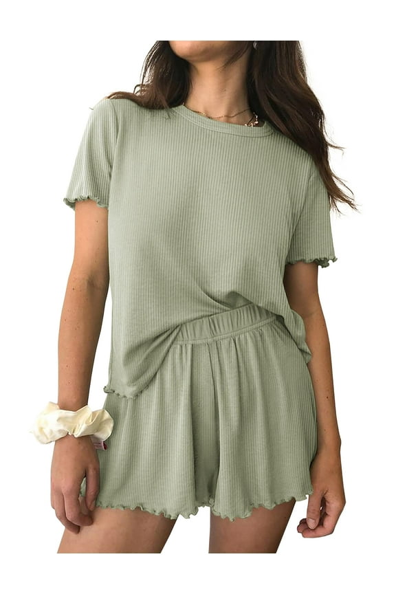 Womens Pajamas Set, 2 Piece Ribbed Knit Pjs Short Sleeve Sleepwear Set Soft Pj Lounge Sets