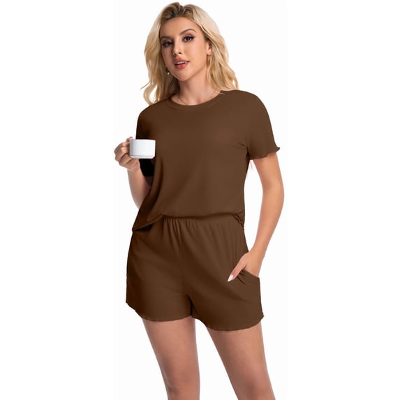 DAKIMOE Womens Pajamas Set, 2 Piece Ribbed Knit Pjs Short Sleeve Sleepwear Set Soft Pj Lounge Sets