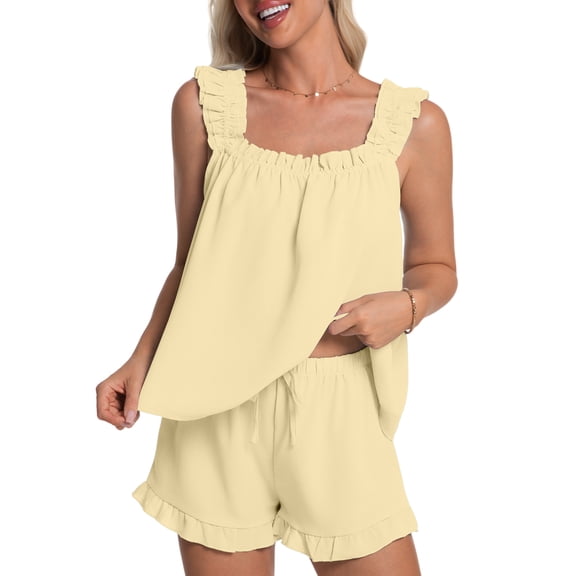 DAKIMOE Womens Pajamas Set 2 Piece Ruffle Pj Soft Tank Top and Shorts Sleepwear Lounge Sets for Women Set Sleeveless Bridal Pajama Sets for Christmas, S-2XL