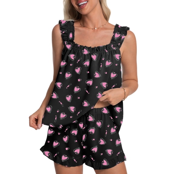 DAKIMOE Womens Pajamas Set 2 Piece Ruffle Pj Soft Tank Top and Shorts Sleepwear Lounge Sets for Women Set Sleeveless Bridal Pajama Sets for Christmas, S-2XL