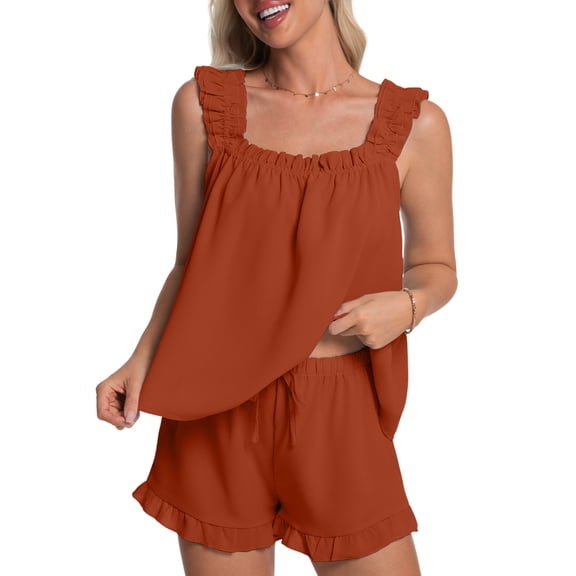 DAKIMOE Womens Pajamas Set 2 Piece Ruffle Pj Soft Tank Top and Shorts Sleepwear Lounge Sets for Women Set Sleeveless Bridal Pajama Sets for Christmas, S-2XL