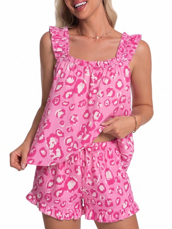 Womens Pajamas Set 2 Piece Ruffle Pj Soft Tank Top and Shorts Sleepwear Lounge Sets for Women Set Sleeveless Bridal Pajama Sets for Christmas, S-2XL