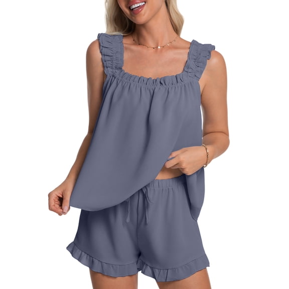DAKIMOE Womens Pajamas Set 2 Piece Ruffle Pj Soft Tank Top and Shorts Sleepwear Lounge Sets for Women Set Sleeveless Bridal Pajama Sets for Christmas, S-2XL
