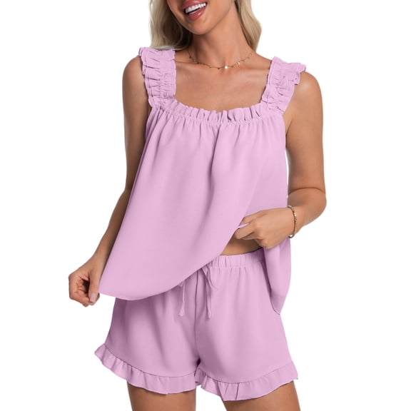DAKIMOE Womens Pajamas Set 2 Piece Ruffle Pj Soft Tank Top and Shorts Sleepwear Lounge Sets for Women Set Sleeveless Bridal Pajama Sets for Christmas, S-2XL