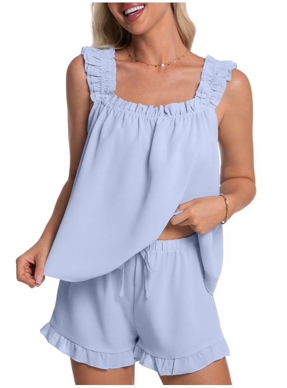 Womens Pajamas Set 2 Piece Ruffle Pj Soft Tank Top and Shorts Sleepwear Lounge Sets for Women Set Sleeveless Bridal Pajama Sets for Christmas, S-2XL