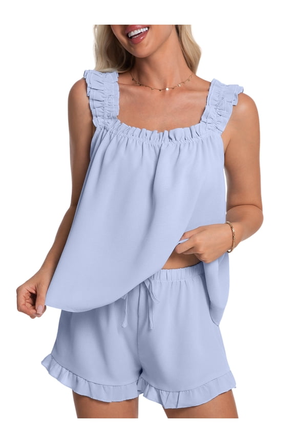 Womens Pajamas Set 2 Piece Ruffle Pj Soft Tank Top and Shorts Sleepwear Lounge Sets for Women Set Sleeveless Bridal Pajama Sets for Christmas, S-2XL
