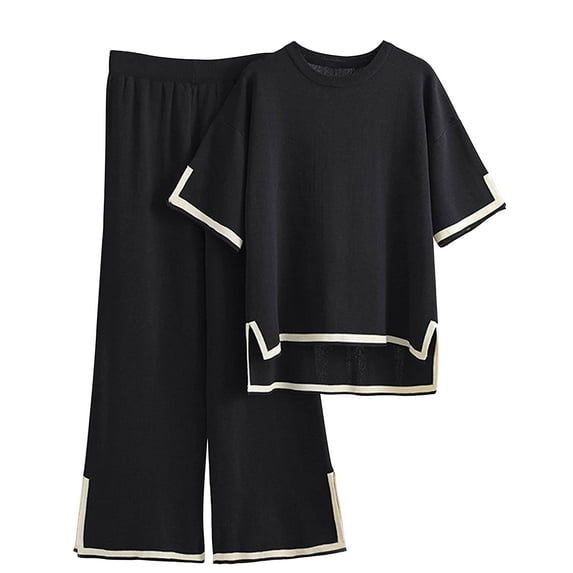 DAKIMOE Womens Pajamas Sets Short Sleeve Knit Pullover Tops with Wide Leg Pants 2 Piece Soft Lounge Sets for Women Sleepwear Loungewear Pjs Travel Comfy Trendy Clothes S to XL, Black, L