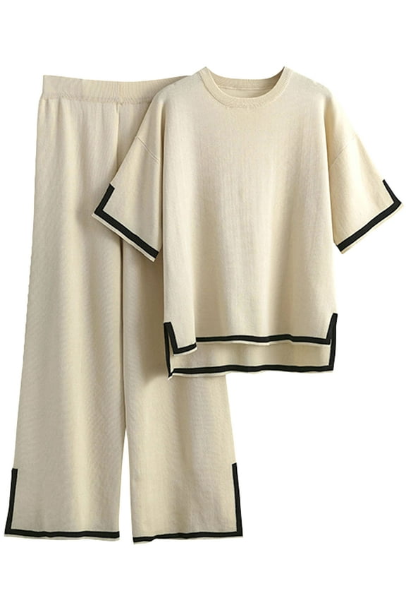 Womens Pajamas Sets Short Sleeve Knit Pullover Tops with Wide Leg Pants 2 Piece Soft Lounge Sets for Women Sleepwear Loungewear Pjs Travel Comfy Trendy Clothes S to XL, Beige, M