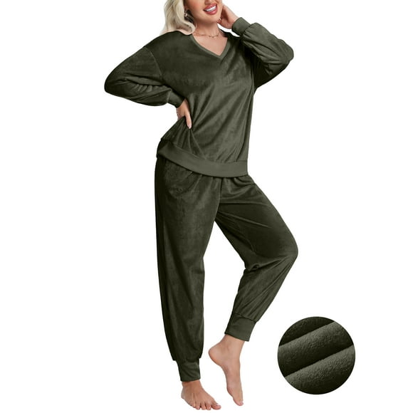DAKIMOE Womens Pajamas Sets Velvet Long Sleeve Pjs Soft Lounge Set 2 Piece Velour Loungewear with Pockets Nightwear Sleepwear for Women S-XXL