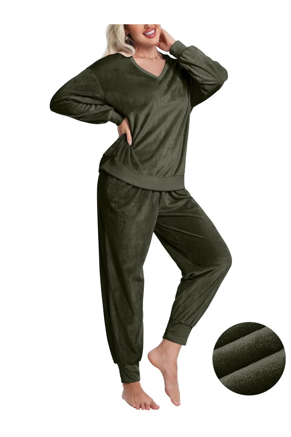 Womens Pajamas Sets Velvet Long Sleeve Pjs Soft Lounge Set 2 Piece Velour Loungewear with Pockets Nightwear Sleepwear for Women S-XXL