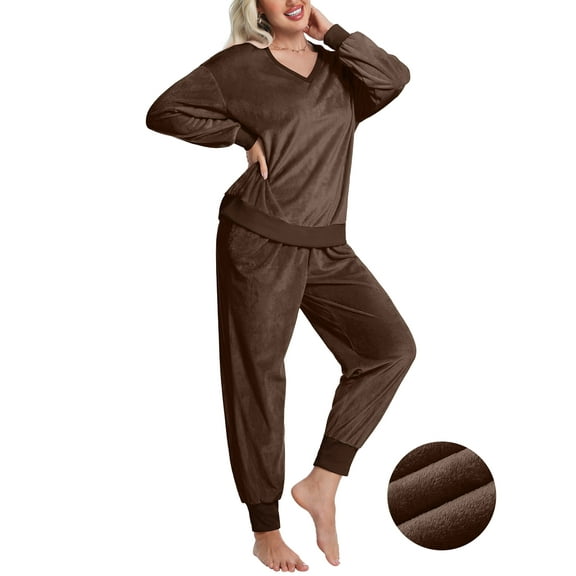 DAKIMOE Womens Pajamas Sets Velvet Long Sleeve Pjs Soft Lounge Set 2 Piece Velour Loungewear with Pockets Nightwear Sleepwear for Women S-XXL