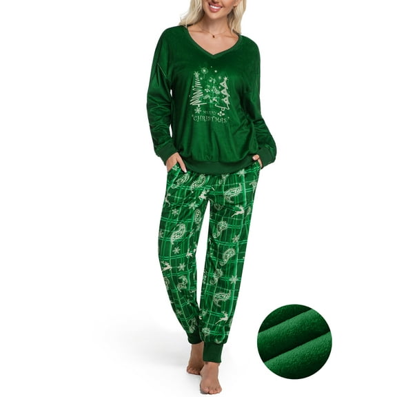 DAKIMOE Womens Pajamas Set Velvet Long Sleeve Christmas Pjs Soft Lounge Set 2 Piece Velour Loungewear with Pockets Nightwear Sleepwear for Women S-XXL