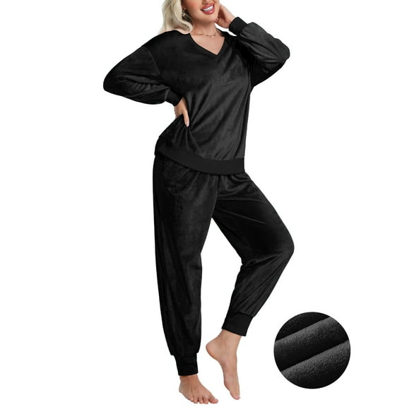 DAKIMOE Womens Pajamas Sets Velvet Long Sleeve Pjs Soft Lounge Set 2 Piece Velour Loungewear with Pockets Nightwear Sleepwear for Women S-XXL