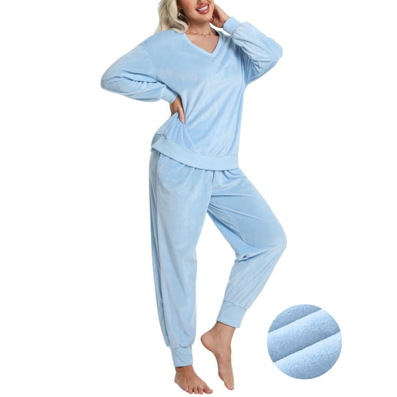DAKIMOE Womens Pajamas Sets Velvet Long Sleeve Pjs Soft Lounge Set 2 Piece Velour Loungewear with Pockets Nightwear Sleepwear for Women S-XXL