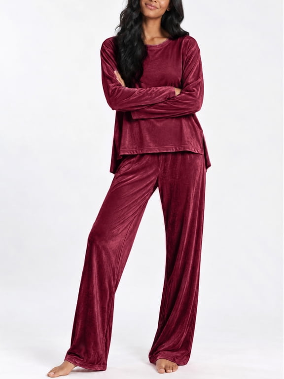 Womens Pajama Sets Velvet Long Sleeve Tops and Wide Leg Pants Soft Comfy Cozy Velour Lounge Sets 2 Piece Pajamas with Pockets Loungewear Nightwear PJs Sleepwear Outfits for Women S-XXL