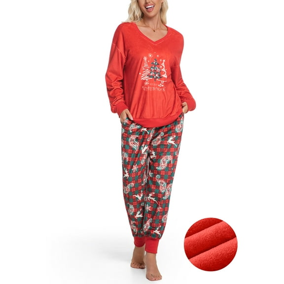 DAKIMOE Womens Pajamas Set Velvet Long Sleeve Christmas Pjs Soft Lounge Set 2 Piece Velour Loungewear with Pockets Nightwear Sleepwear for Women S-XXL
