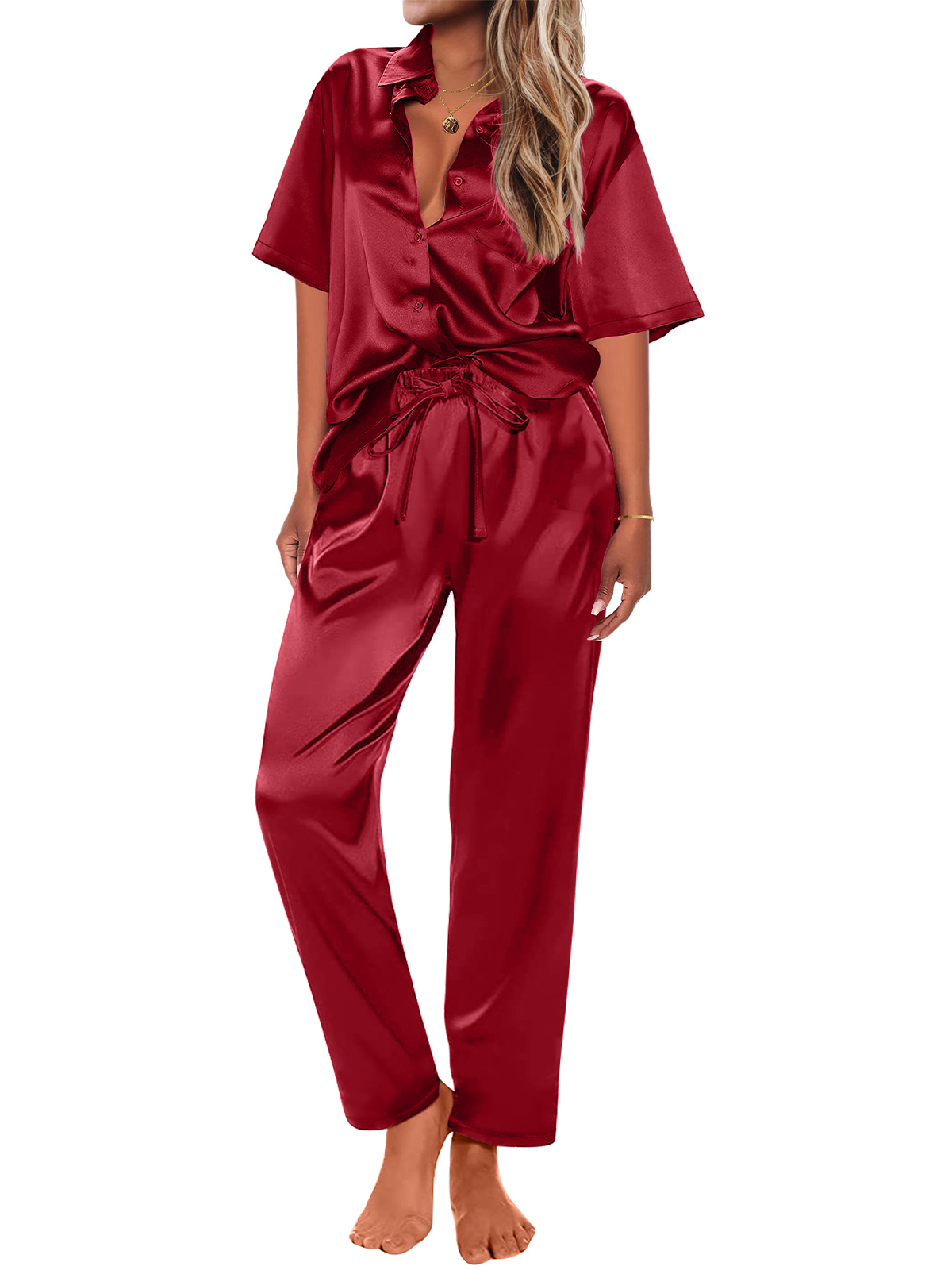 DAKIMOE Womens Satin Silk Pajama Sets Short Sleeve Button Down Pajamas ...