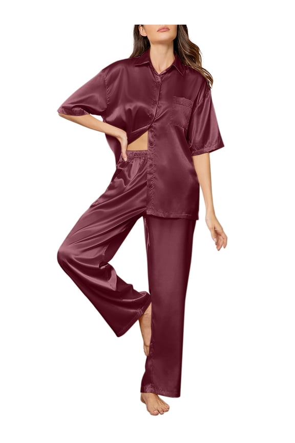 Womens Satin Silk Pajama Sets Short Sleeve Button Down Pajamas Women Pjs Lounge Sets Sleepwear Long Pant S-XL
