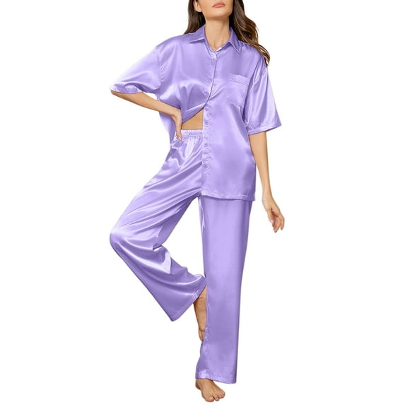 DAKIMOE Womens Satin Silk Pajama Sets Short Sleeve Button Down Pajamas Women Pjs Lounge Sets Sleepwear Long Pant S-XL