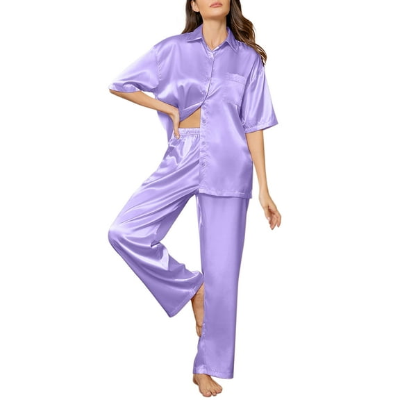 DAKIMOE Womens Satin Silk Pajama Sets Short Sleeve Button Down Pajamas Women Pjs Lounge Sets Sleepwear Long Pant S-XL