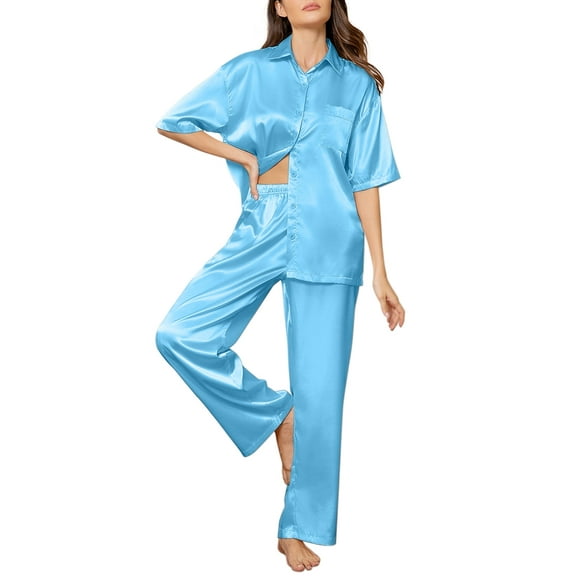 DAKIMOE Womens Satin Silk Pajama Sets Short Sleeve Button Down Pajamas Women Pjs Lounge Sets Sleepwear Long Pant S-XL