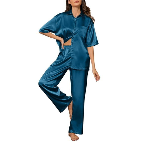 DAKIMOE Womens Satin Silk Pajama Sets Short Sleeve Button Down Pajamas Women Pjs Lounge Sets Sleepwear Long Pant S-XL