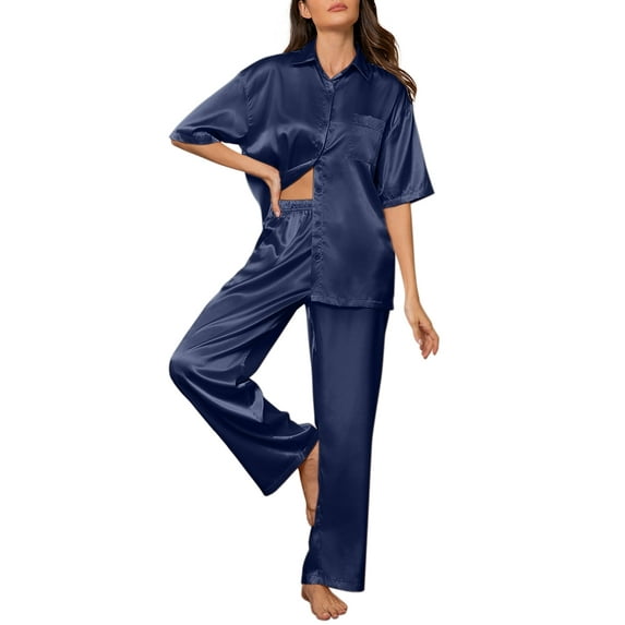 DAKIMOE Womens Satin Silk Pajama Sets Short Sleeve Button Down Pajamas Women Pjs Lounge Sets Sleepwear Long Pant S-XL