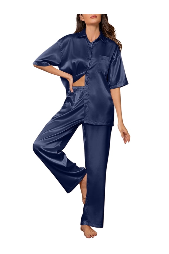 Womens Satin Silk Pajama Sets Short Sleeve Button Down Pajamas Women Pjs Lounge Sets Sleepwear Long Pant S-XL