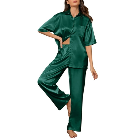 DAKIMOE Womens Satin Silk Pajama Sets Short Sleeve Button Down Pajamas Women Pjs Lounge Sets Sleepwear Long Pant S-XL