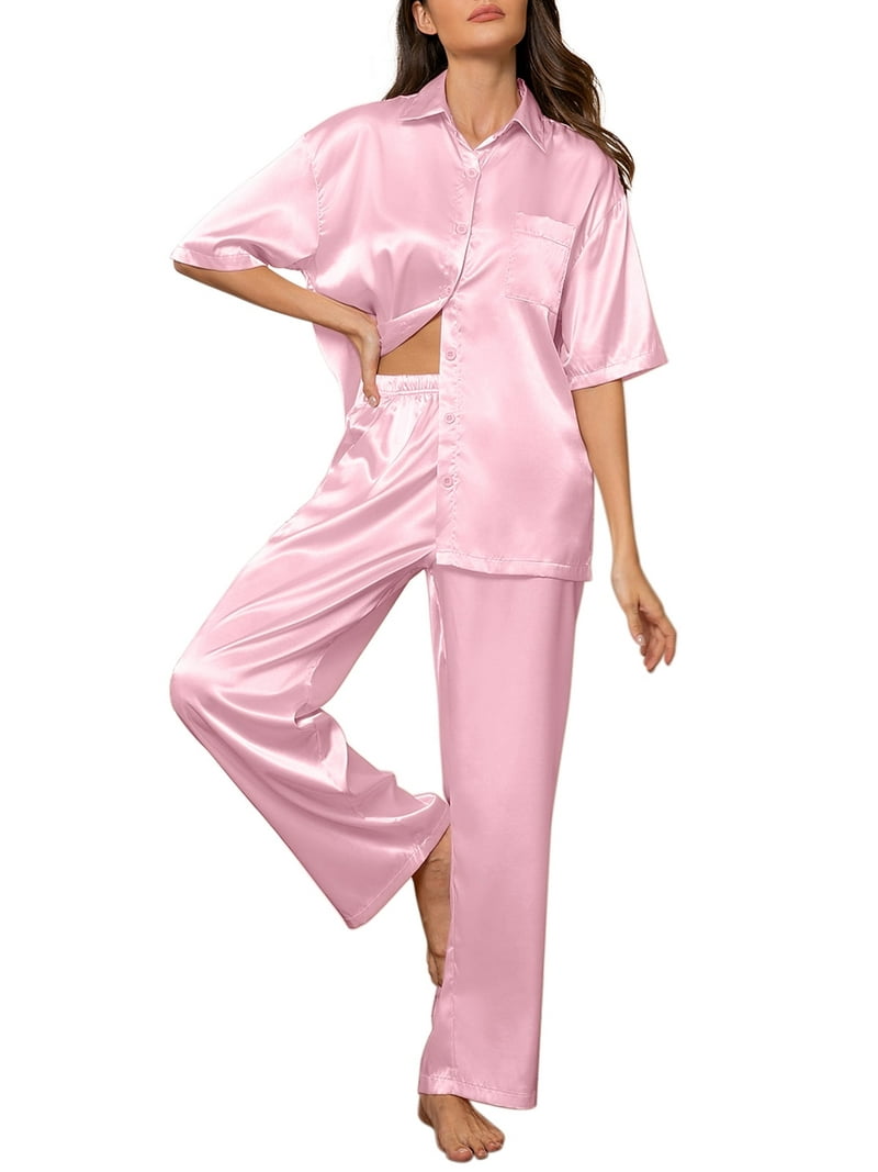 DAKIMOE Womens Satin Silk Pajama Sets Short Sleeve Button Down