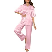 DAKIMOE Womens Satin Silk Pajama Sets Short Sleeve Button Down Pajamas Women Pjs Lounge Sets Sleepwear Long Pant S-XL