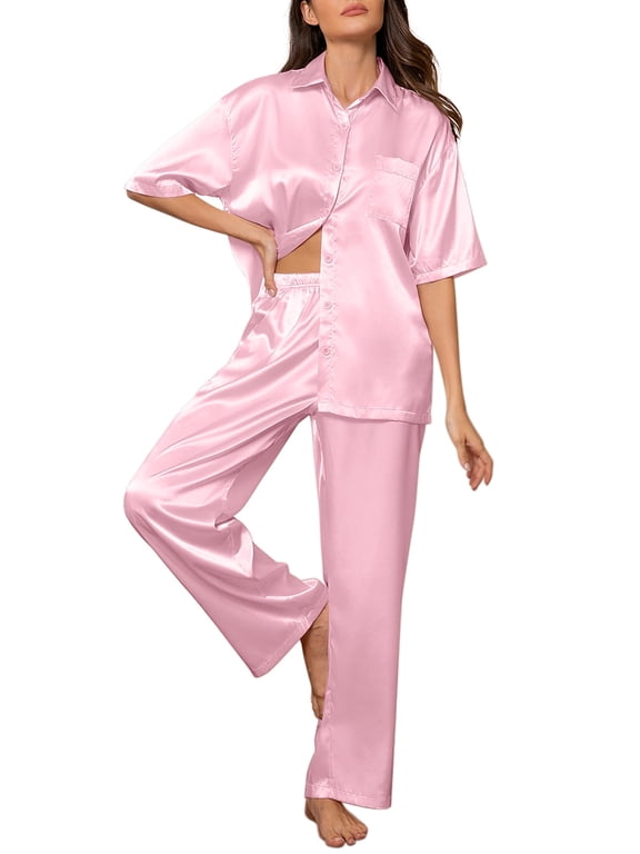 Womens Satin Silk Pajama Sets Short Sleeve Button Down Pajamas Women Pjs Lounge Sets Sleepwear Long Pant S-XL