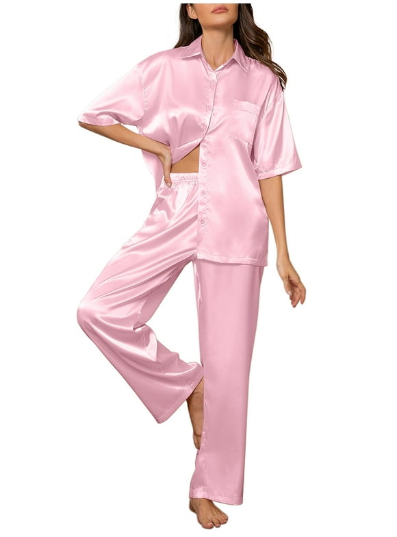 Womens Satin Silk Pajama Sets Short Sleeve Button Down Pajamas Women Pjs Lounge Sets Sleepwear Long Pant S-XL
