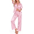thumbnail image 1 of DAKIMOE Womens Satin Silk Pajama Sets Short Sleeve Button Down Pajamas Women Pjs Lounge Sets Sleepwear Long Pant S-XL, 1 of 12