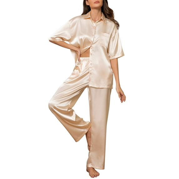 DAKIMOE Womens Satin Silk Pajama Sets Short Sleeve Button Down Pajamas Women Pjs Lounge Sets Sleepwear Long Pant S-XL