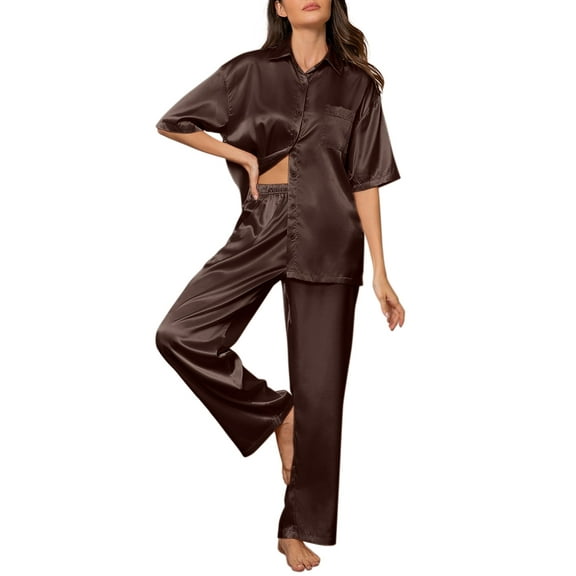 DAKIMOE Womens Satin Silk Pajama Sets Short Sleeve Button Down Pajamas Women Pjs Lounge Sets Sleepwear Long Pant S-XL