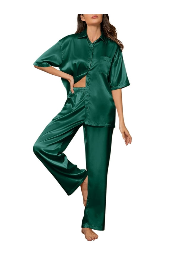 Womens Satin Silk Pajama Sets Short Sleeve Button Down Pajamas for Women 2 Piece Soft Lounge Sets for Women Sleepwear with Long Pant S-XL,