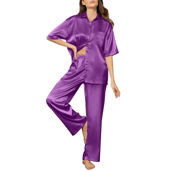 DAKIMOE Womens Satin Silk Pajama Sets Short Sleeve Button Down Pajamas for Women 2 Piece Soft Lounge Sets for Women Sleepwear with Long Pant S-XL, Wine Red