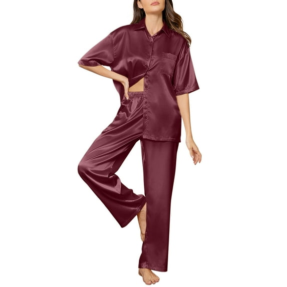 DAKIMOE Womens Satin Silk Pajama Sets Short Sleeve Button Down Pajamas for Women 2 Piece Soft Lounge Sets for Women Sleepwear with Long Pant S-XL, Wine Red