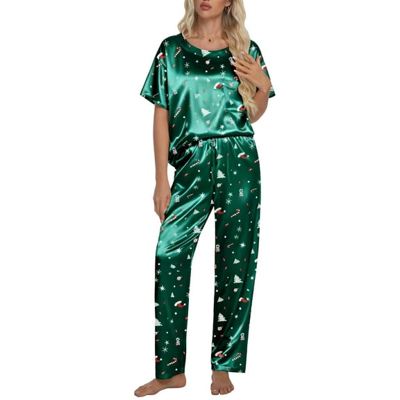 DAKIMOE Womens Silk Satin Pajama Set Christmas Pajamas Short Sleeve Shirt with Long Pant Two-piece Pj Sets Soft Sleepwear Loungewear Nightwear Pjs S-2XL