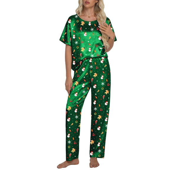 DAKIMOE Womens Silk Satin Pajama Set Christmas Pajamas Short Sleeve Shirt with Long Pant Two-piece Pj Sets Soft Sleepwear Loungewear Nightwear Pjs S-2XL