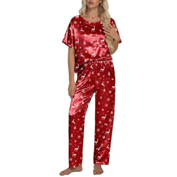 DAKIMOE Womens Silk Satin Pajama Set Christmas Pajamas Short Sleeve Shirt with Long Pant Two-piece Pj Sets Soft Sleepwear Loungewear Nightwear Pjs S-2XL