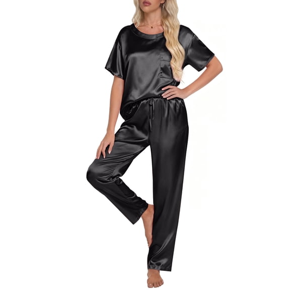 DAKIMOE Womens Silk Satin Pajama Set Short Sleeve Shirt with Long Pajamas Pant Set Two-piece Pj Sets Soft Sleepwear Loungewear Nightwear Pjs S-2XL, Black, L