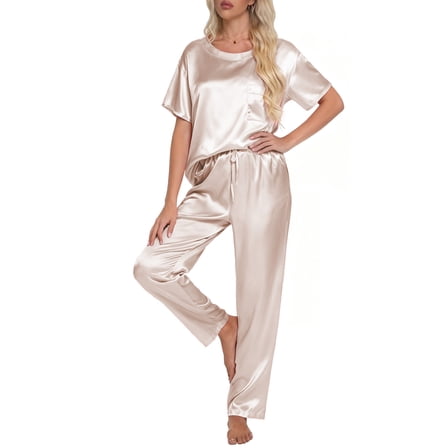 DAKIMOE Womens Silk Satin Pajama Set Short Sleeve Shirt with Long Pajamas Pant Set Two-piece Pj Sets Soft Sleepwear Loungewear Nightwear Pjs S-2XL, Champagne, L