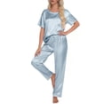 thumbnail image 1 of DAKIMOE Womens Silk Satin Pajama Set Short Sleeve Shirt with Long Pajamas Pant Set Two-piece Pj Sets Soft Sleepwear Loungewear Nightwear Pjs S-2XL, Gray Blue, XL, 1 of 10